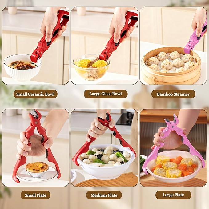 2pcs 3-in-1 Hot Plate Gripper, Multi-Angle Anti-Scald Bowl Holder Clip, Hot Plate Gripper Tongs, Hot Plate Grabber Tongs with Lock for Hot Bowl(Red+Pink)