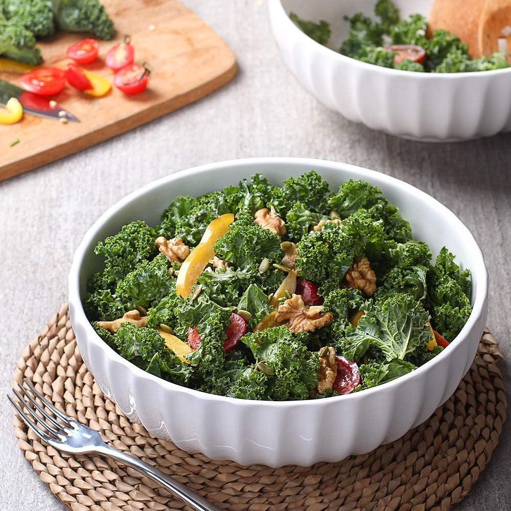 DOWAN 9.8'' Serving Bowls, 86 oz White Serving Platters, Large Ceramic Serving Dishes, Fruit Bowl, Set of 2, for Entertaining, Party, Kitchen, Dinner, Banquet, Housewarming Gift, White