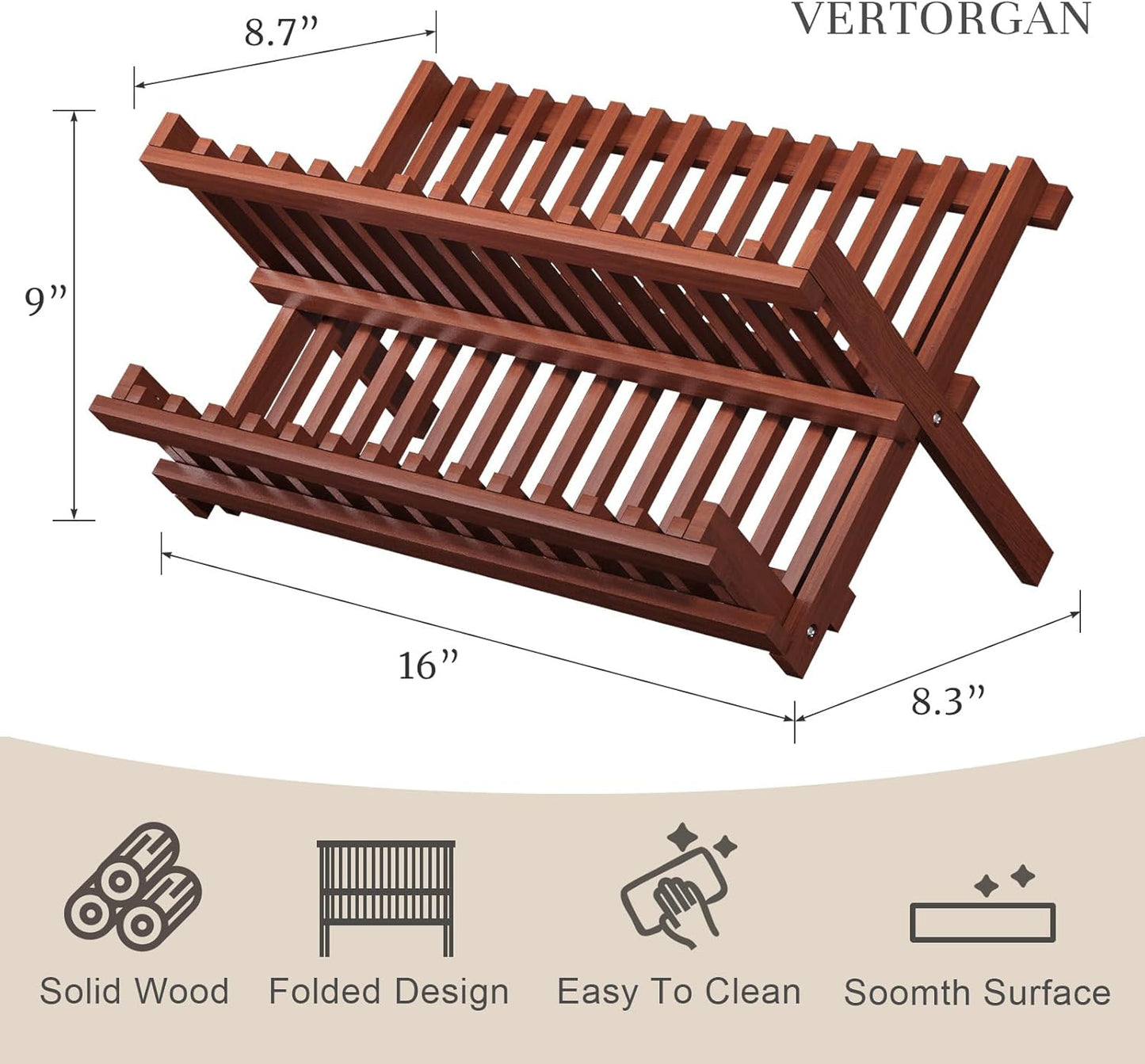 Teak Dish Drying Rack,Folding Collapsible Drainer Plate Organizer Holder for Kitchen,Foldable Spice Rack for Countertop and Cabinet,Pantry Organization and Storage