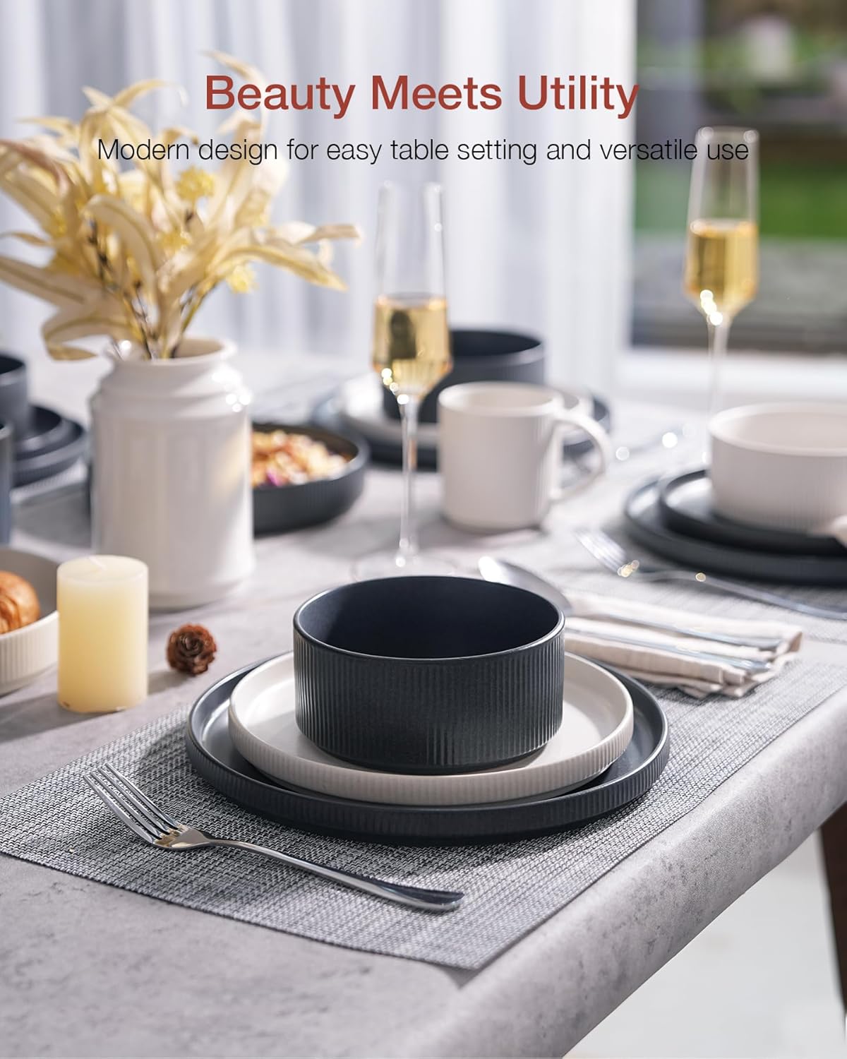 Famiware Star Dinnerware Set, Plates and Bowls Sets for 8 (24pcs), Ribbed Stoneware Dishes - Chip & Scratch Resistant, Microwave & Dishwasher Safe, Multicolor - Matte White & Matte Dark Charcoal