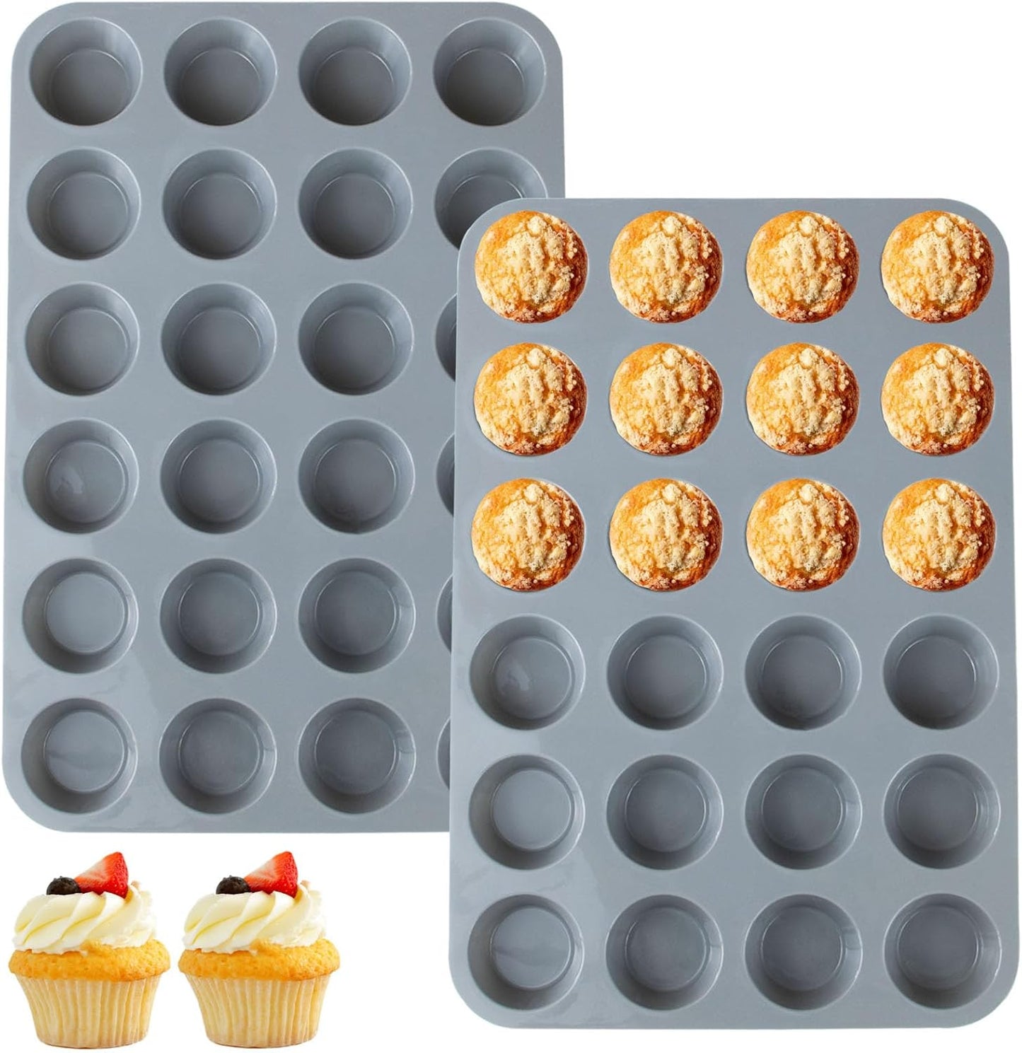 24 Cups Silicone Mini Muffin Pan Set, Nonstick Mini Cupcake Pans, BPA Free Small Muffin Tin for Baking, Set of 2 (Grey+Grey)