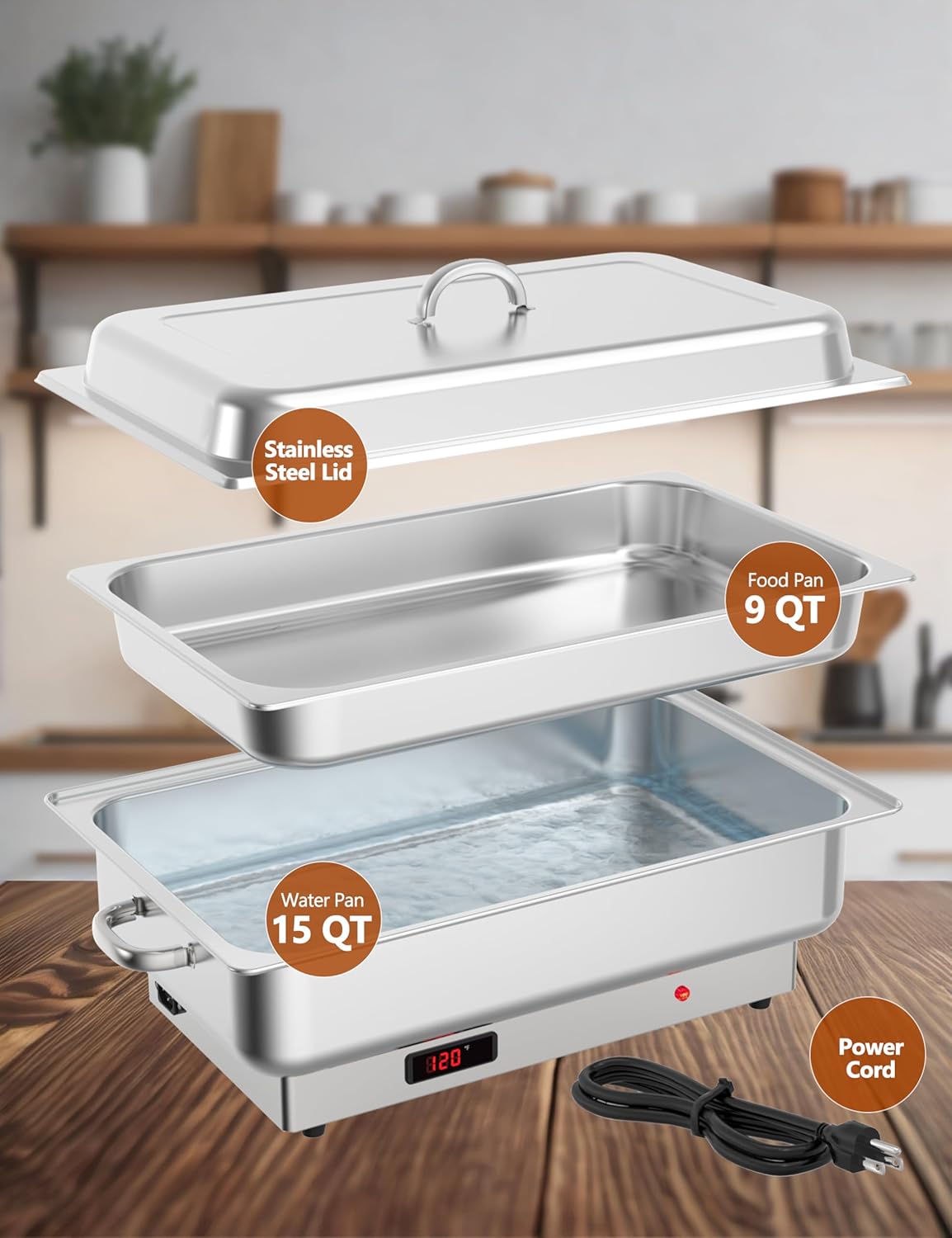 Electric Chafing Dish, 9QT Rectangular Full-Size Buffet Stainless Steel Chafing Dish Set, Commercial Food Warmer with Temperature Control Display for Parties, Catering, Festivals