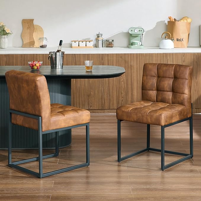 Coffee Faux Leather Dining Chairs Set of 4, Mid-Century Modern Dining Room Chairs with Armless, Checkered Kitchen Chair with Metal Legs