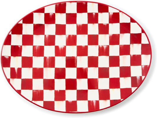 MACKENZIE-CHILDS Stoneware Serving Platter, Decorative Dinnerware Plate, 15" W x 12" L, Red-and-White Cherry Check