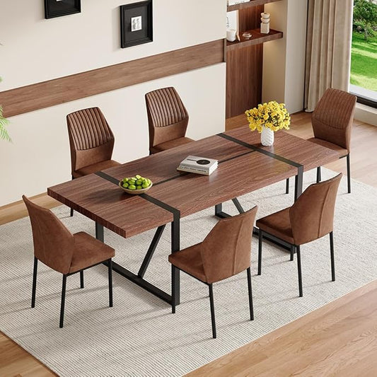 86.6" Dining Table Set for 6, Modern 7 Piece Wood Kitchen Table and Chairs Set, Rectangle Dining Room Table with 6 PU Leather Upholstered Chairs, Ideal for Apartment, Kitchen, Dining Room