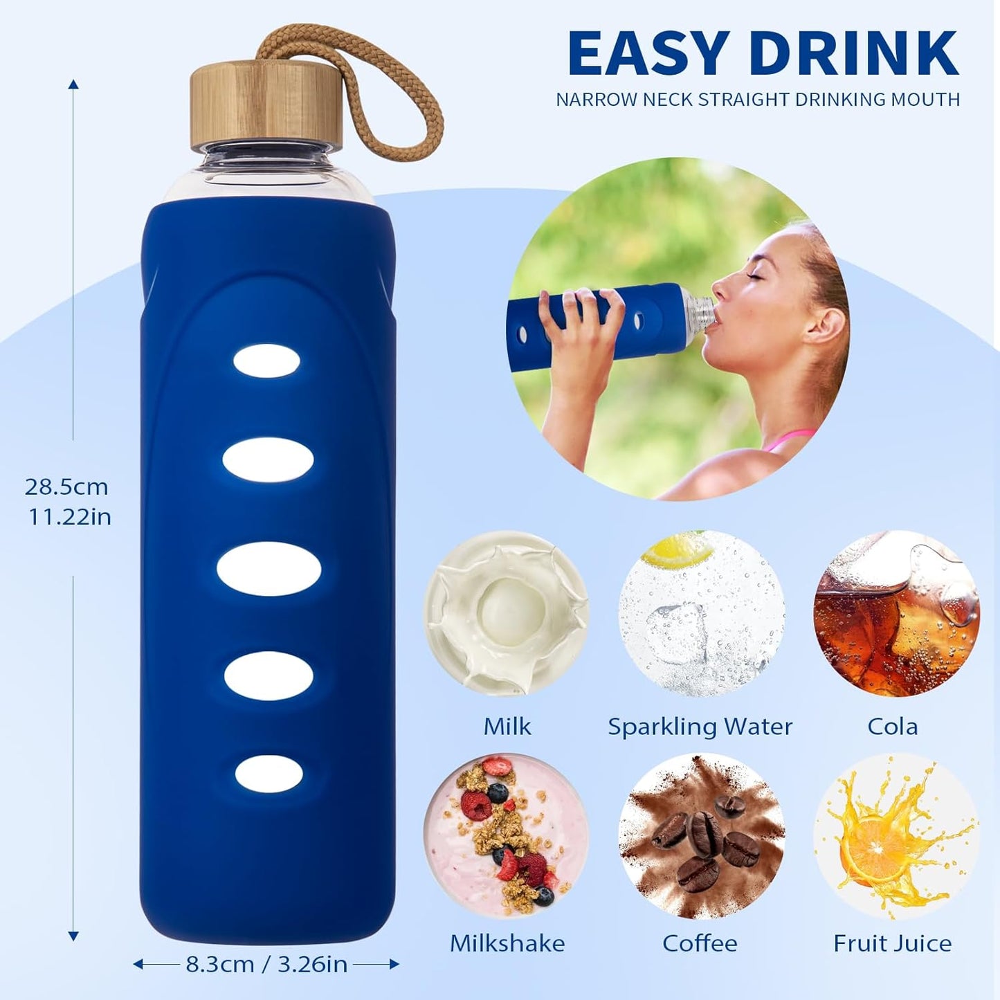 Sport 32oz Glass Water Bottle 1000ml /1 liter Borosilicate Glass Water Bottle Reusable Waterbottle Jugwith Silicone Sleeve and Unique Lid (Blue