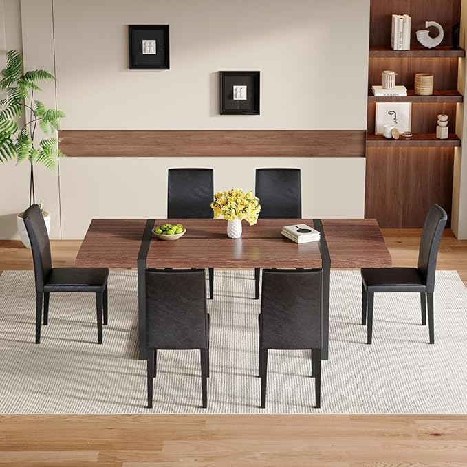 86.6" Dining Table Set for 6, Modern 7 Piece Wood Kitchen Table and Chairs Set, Rectangle Dining Room Table with 6 PU Leather Upholstered Chairs, Ideal for Apartment, Kitchen, Dining Room