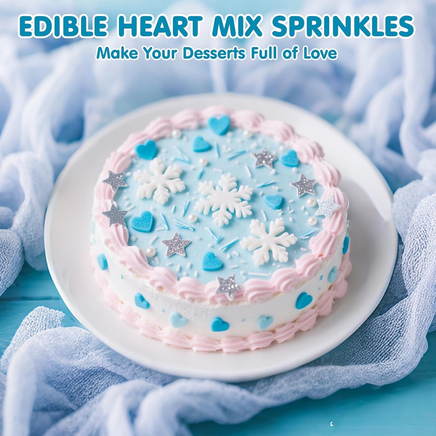 Edible Frozen Sprinkles ,Blue Heart White Snowflake Silver Star Pearl Jimmies Mix,130g/4.58oz,Winter Snow Sugar Pearls Sprinkles for Decorations Baking,Cake Ice Cream Cookies Cupcake Topper Chocolate,Birthday Children Party Dessert Decorating