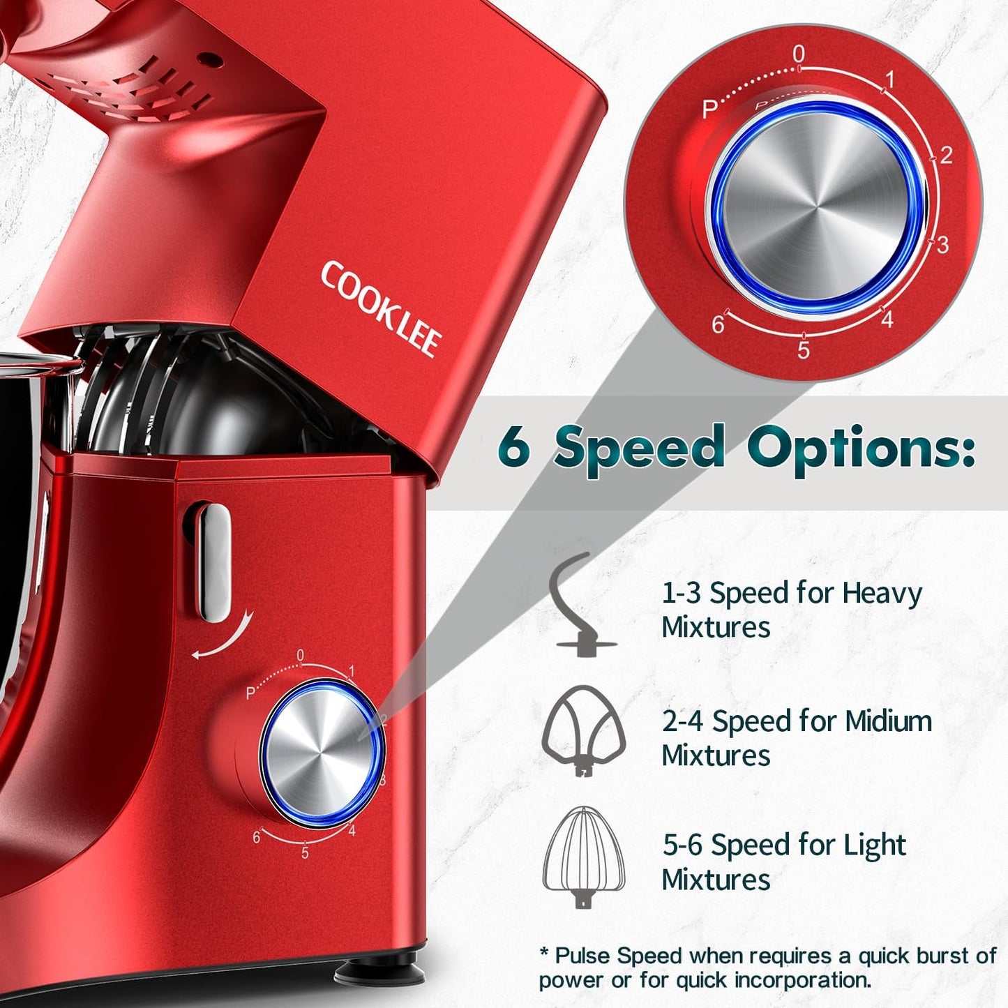 COOKLEE Stand Mixer, 9.5 Qt. 660W Electric Kitchen Mixer with Dishwasher-Safe Dough Hooks, Flat Beaters, Wire Whip & Pouring Shield Attachments for Most Home Cooks, Red