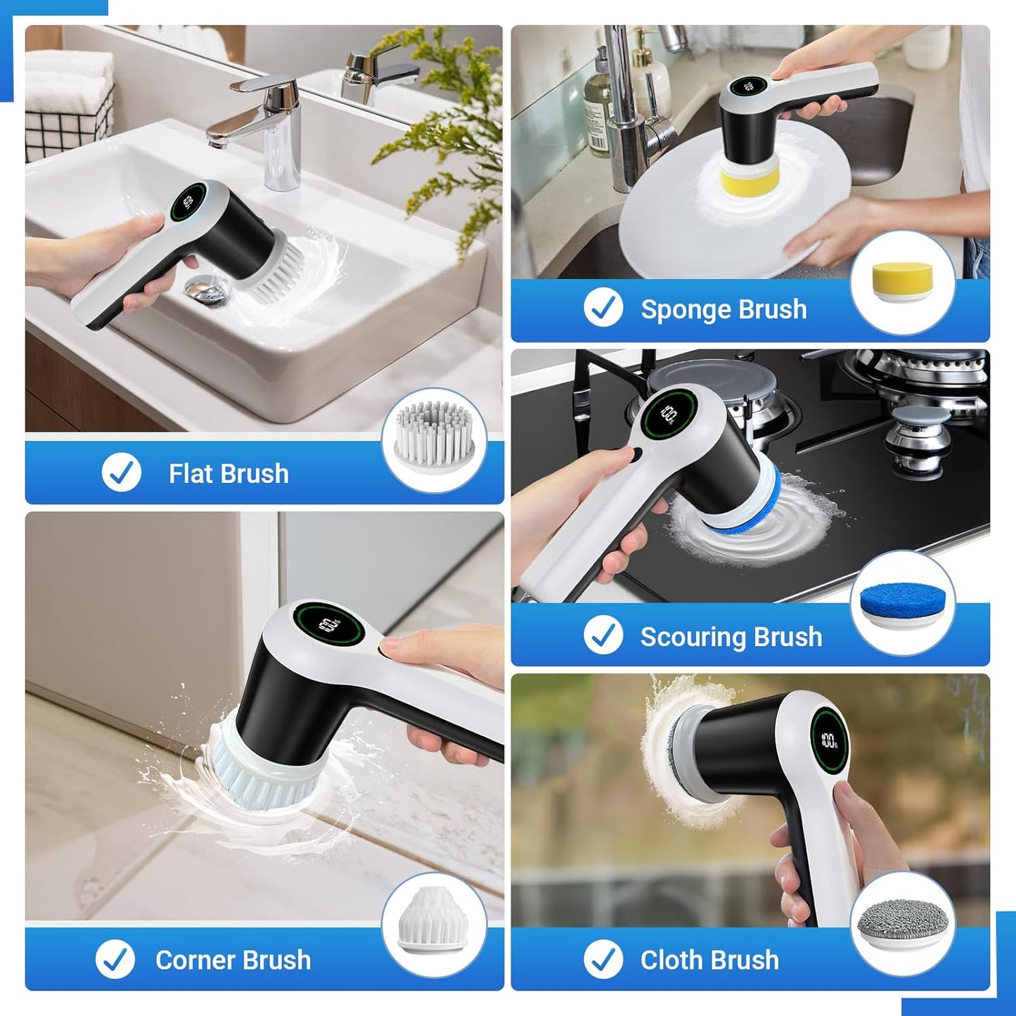 Electric Spin Scrubber, Cordless Shower Scrubber with Battery Level Display, 2 Speeds Electric Scrubber for Cleaning with 6 Replaceable Heads, Cleaning Brush for Bathroom/Sink/Window