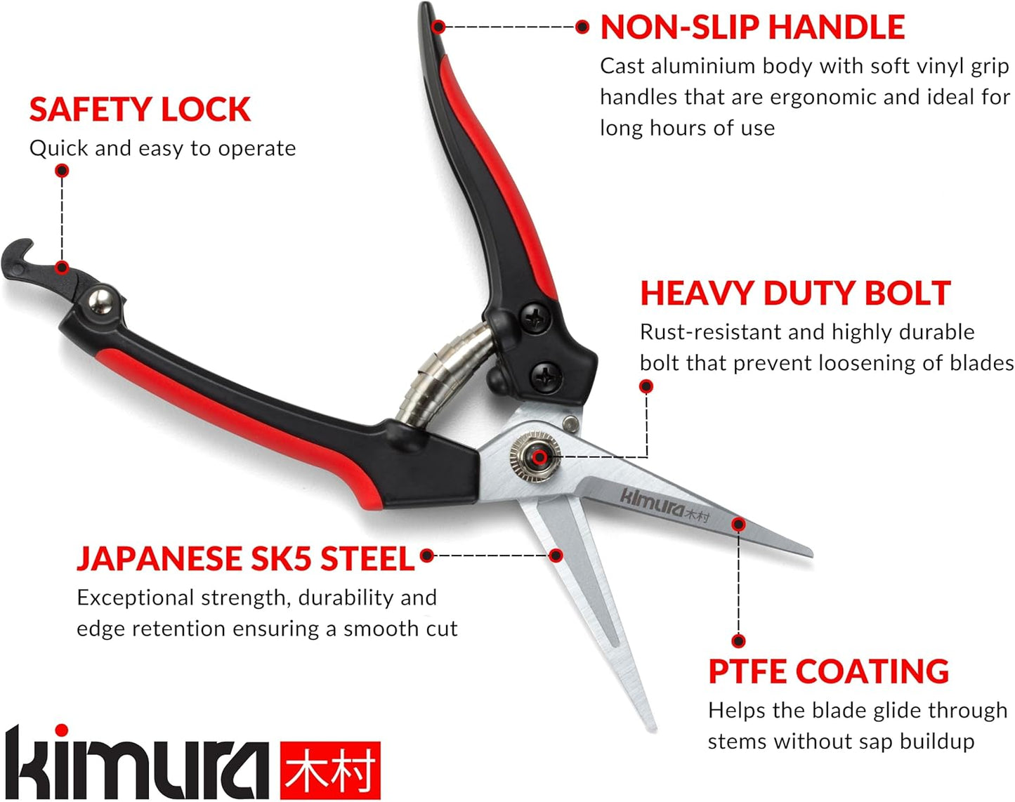 Kimura® 8" Pro Pruning Scissors, Premium Japanese SK5 Hi-Carbon Steel Blades, Non-Slip Vinyl Coated Handles, Lightweight & Ergonomic, Multi-Tasking Pruning Shears, Garden Snips, Precision Clippers