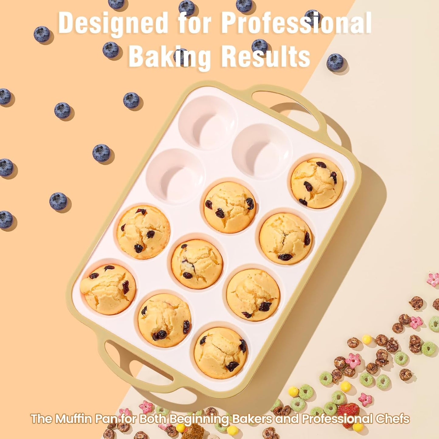 Silicone Muffin Pans for Baking 2 Pack, 2.6 Inch with Metal Reinforced Frame, Regular Size Nonstick Cupcake Pan 12 Cups for Baking Homemade Muffins, Dishwasher Safe BPA Free-Light Yellow