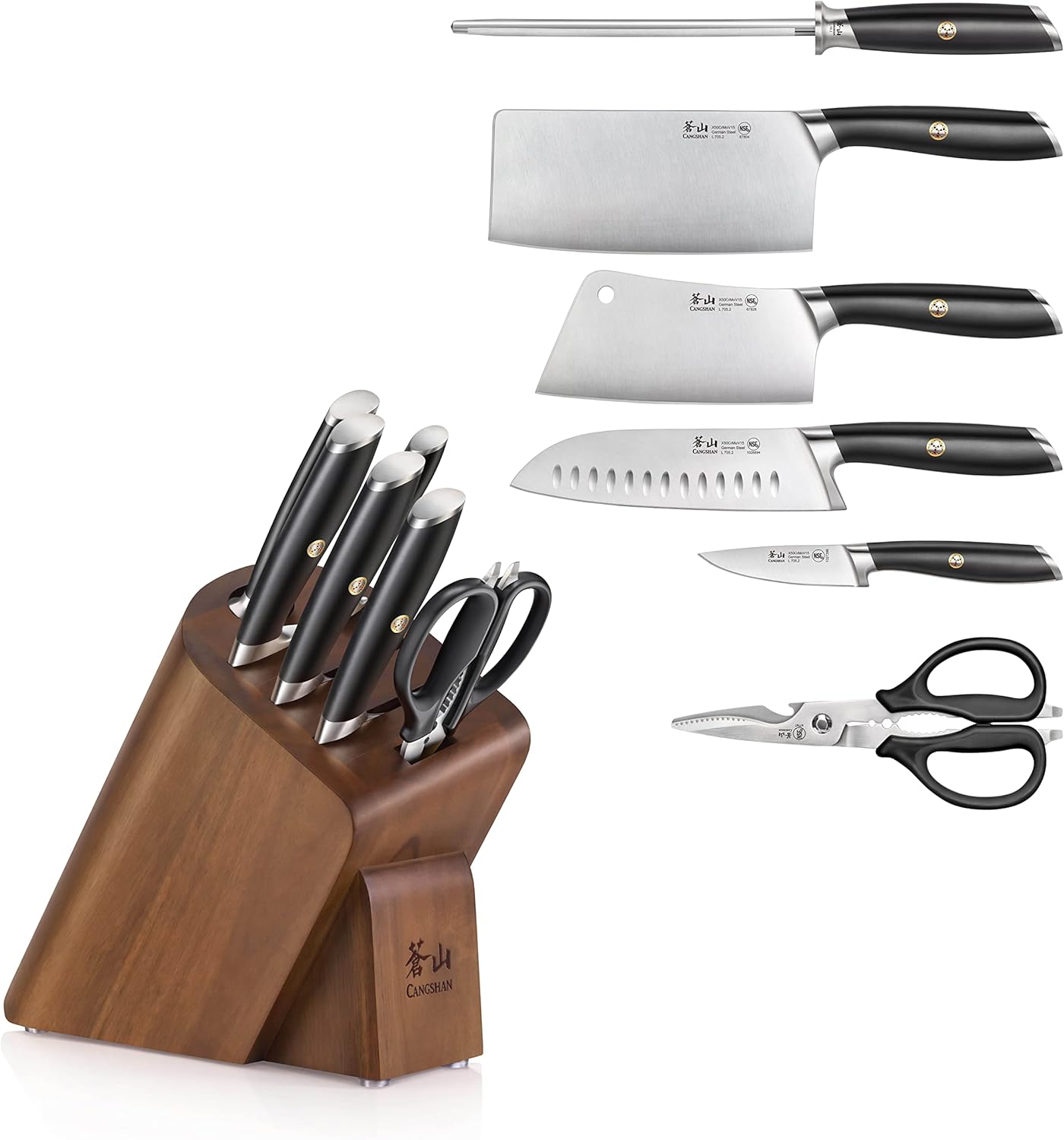 Cangshan L Series 7-Piece Cleaver Knife Block Set, Forged German Steel, Black, 1027112