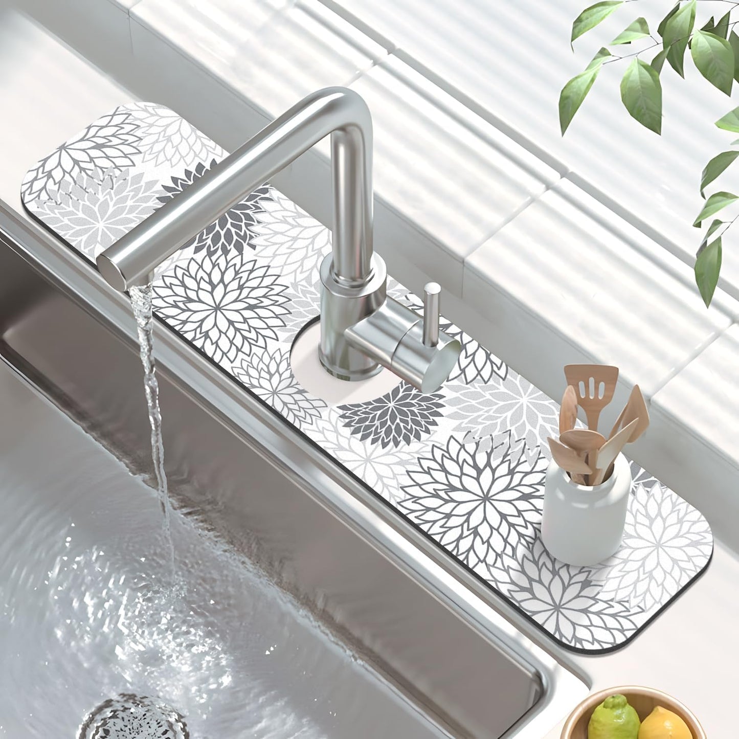 Findosom 2PCS 12" x 20" Dish Drying Mat & 24" x 5.5" Sink Splash Guard, Super Absorbent & Cuttable Dish Mat Drying Kitchen Mat with Gray Floral, Hide Stain Drying Mat for Kitchen Counter