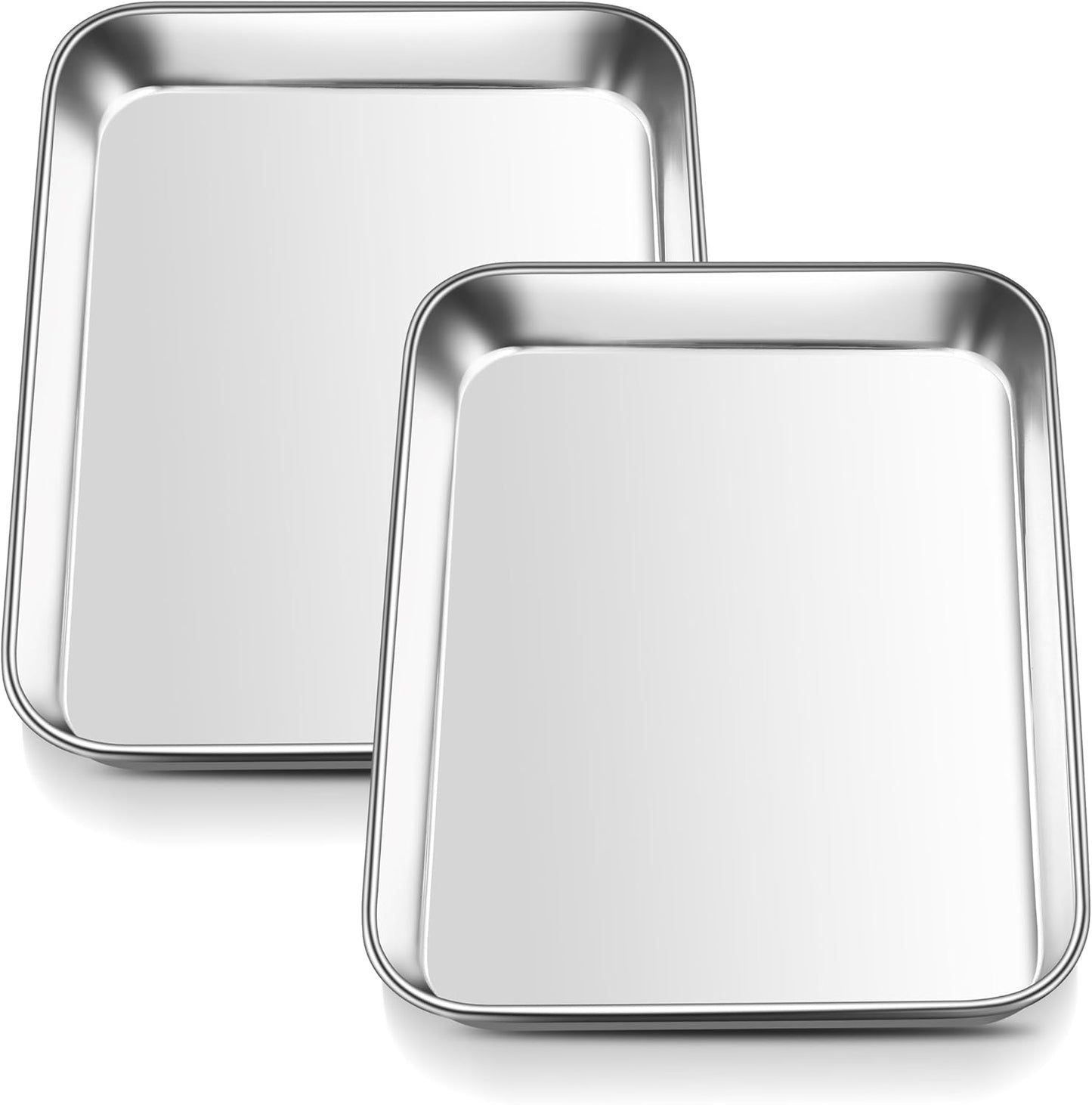 E-far 2 Packs Toaster Oven Trays, 9.4”x7.3” Stainless Steel Small Baking Cookie Sheets, Mini Non-toxic Metal Baking Pans for Cake, Healthy & Rust Free, Mirror Finish & Dishwasher Safe