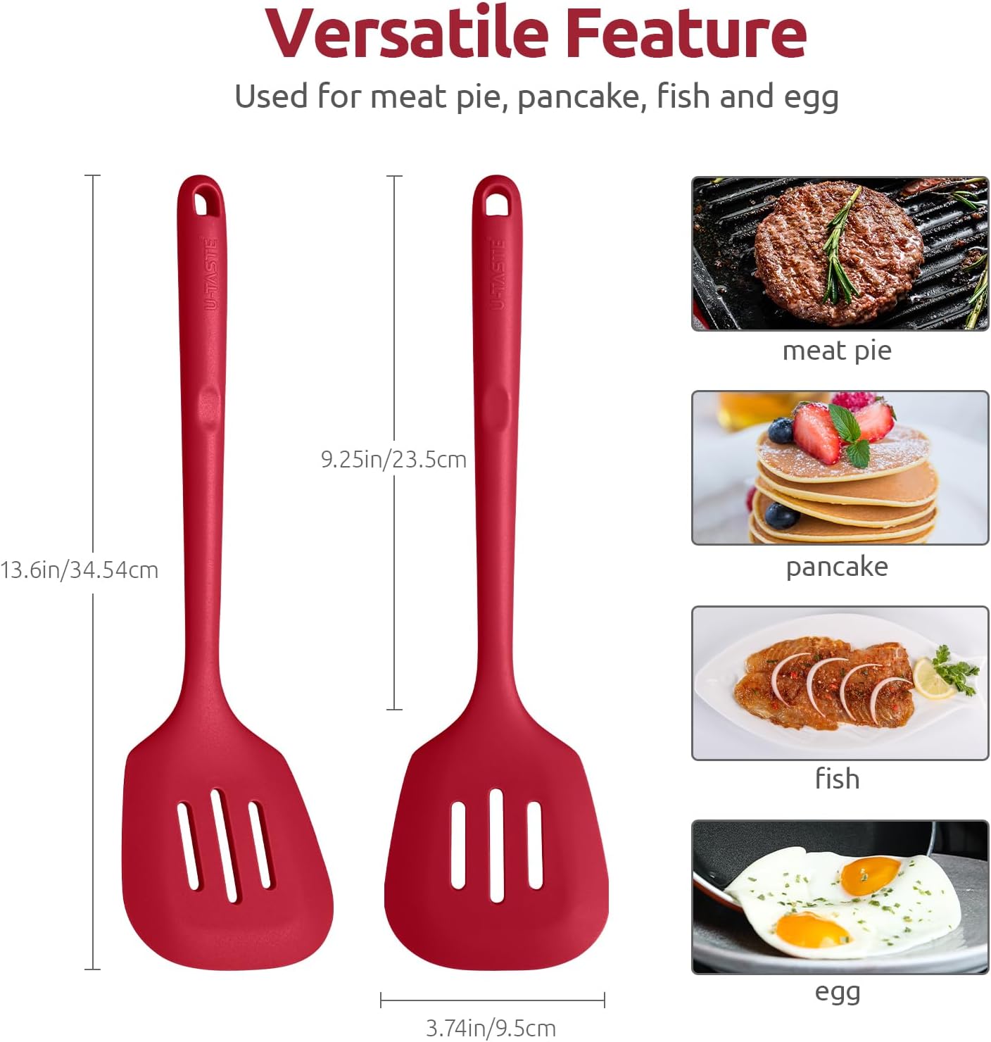600ºF Heat Resistant Slotted Turner: U-Taste 13.6in Silicone Kitchen Spatula Flipper, 3.74in Wide Food Grade Flexible Thin Rubber Cooking Utensil for Egg, Pancake, Cookie in Nonstick Cookware (Red)