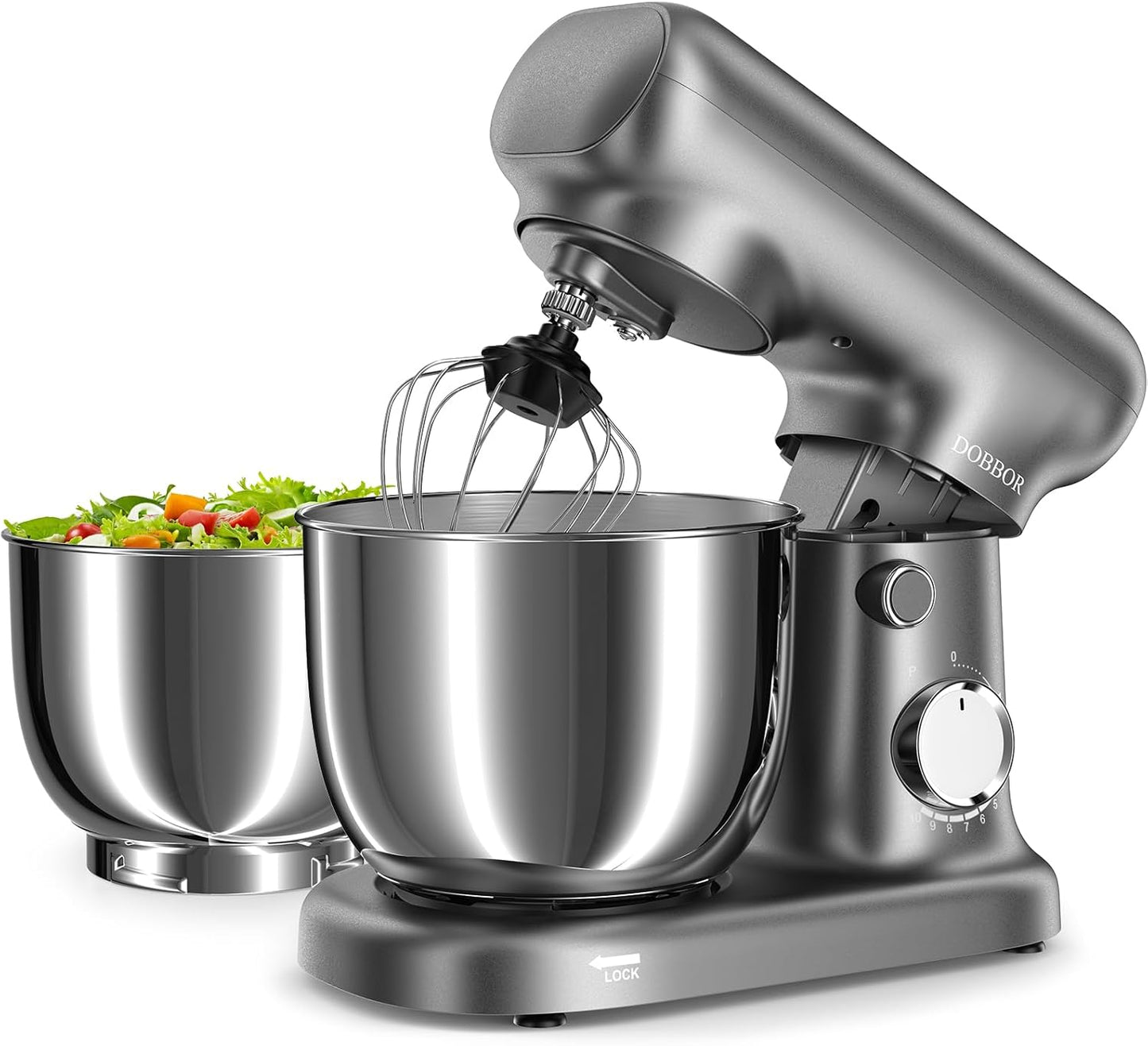 Stand Mixer with 3QT+3.5QT Dual Bowls, 10-Speed Electric 300W Food Mixer - Includes Egg Whisk, Dough Hook & Flat Beater for Home Baking & Daily Cooking (GraySilver)