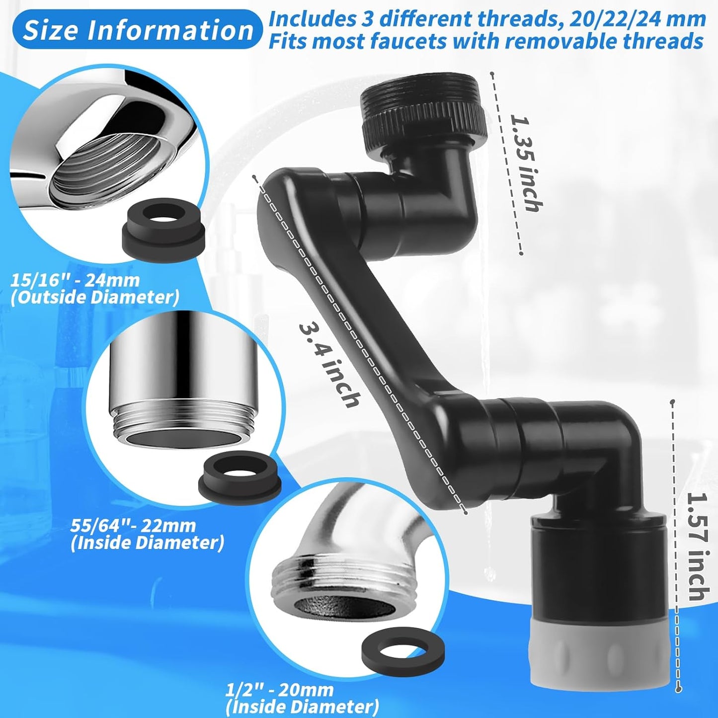 1080° Swivel Faucet Extender with 2 Function, Heavy Duty Rotating Sink Extension, Universal Swivel Robotic Arm, Rotating Splash Filter Extension for Kitchen Bathroom-2 Pcs/Black