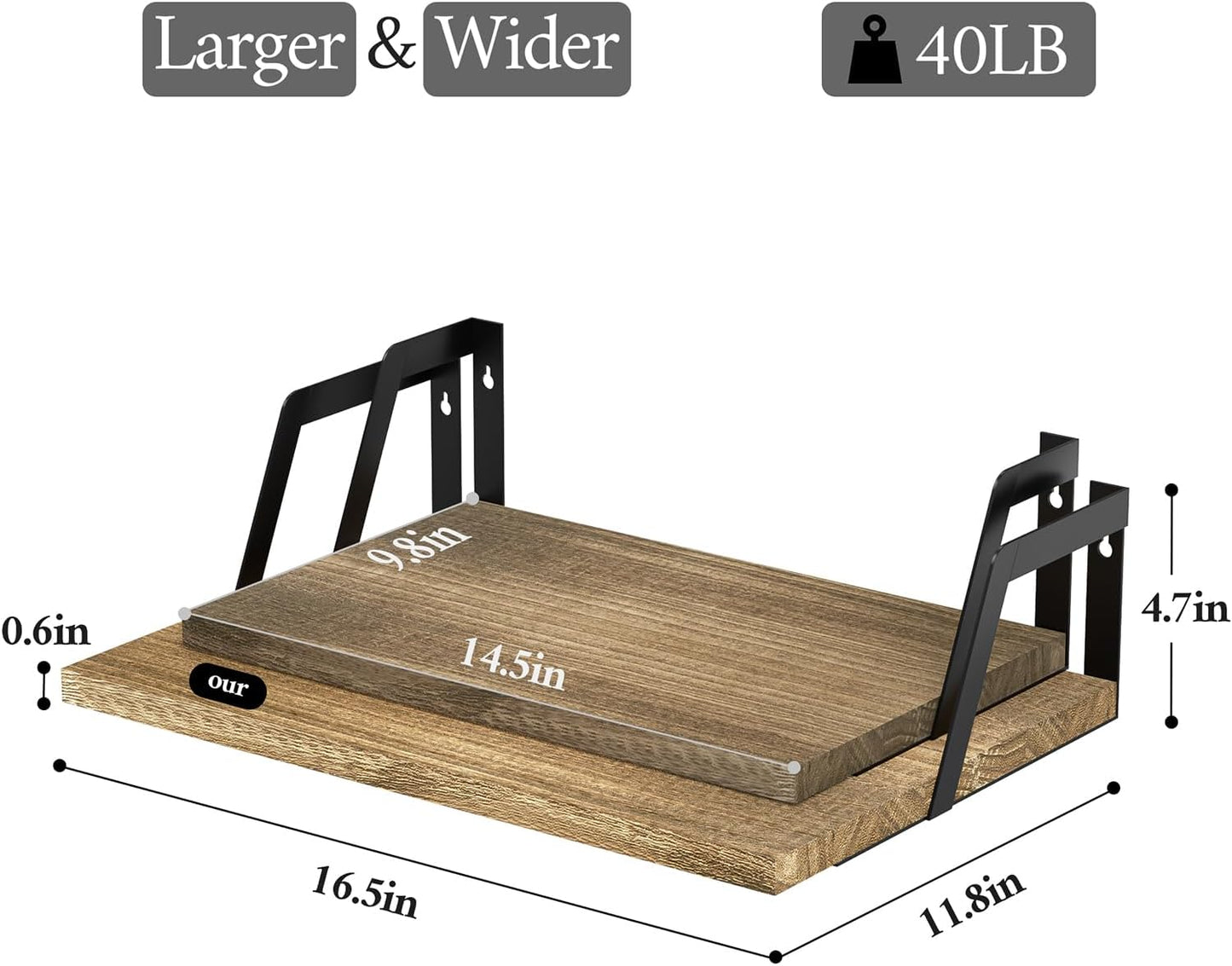 SRIWATANA Floating Shelves Wall Mounted Set of 2 Rustic Wood Shelves with Large Capacity(Carbonized Black)