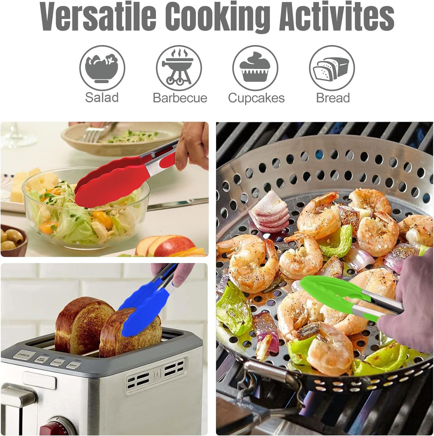 Hotec Silicone Kitchen Tongs for Cooking 9-Inch Serving Tongs with Silicone Tips, Set of 3 (Red Blue Green)