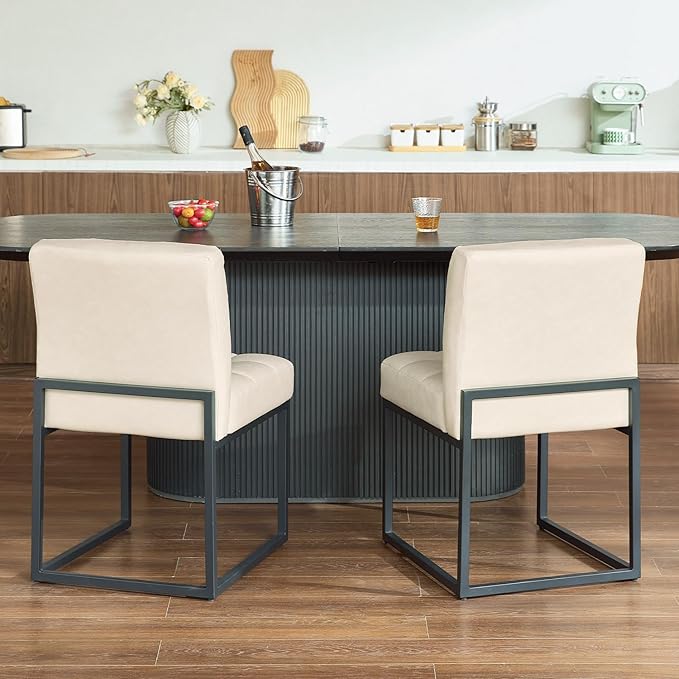 Beige Faux Leather Dining Chairs Set of 2, Mid-Century Modern Dining Room Chairs with Armless, Checkered Kitchen Chair with Metal Legs