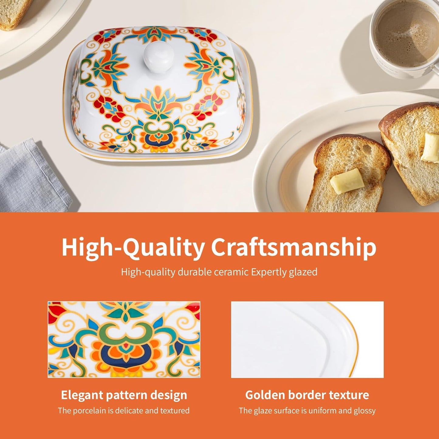 Butter Dish with Lid, butter dish with lid for countertop,Classic patterns Ceramic Butter container,Grilled flower craft butter Holder,Microwave, Oven and Dishwasher Safe butter tray.
