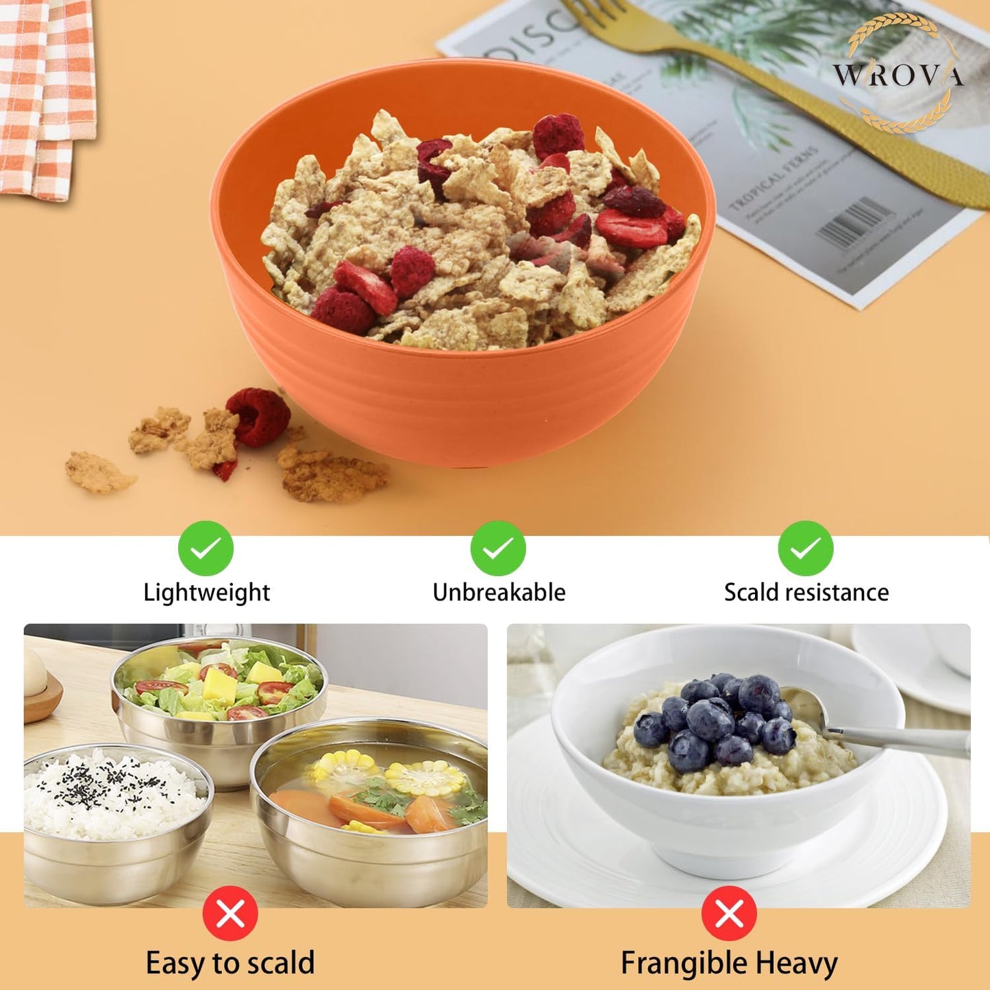 Wheat Straw Bowl Sets,8 PCS Unbreakable Cereal Bowls 26 OZ,Microwave and Dishwasher Safe Bowl Sets, Bowls suitable for picnic,camping and R.V. (Orange)