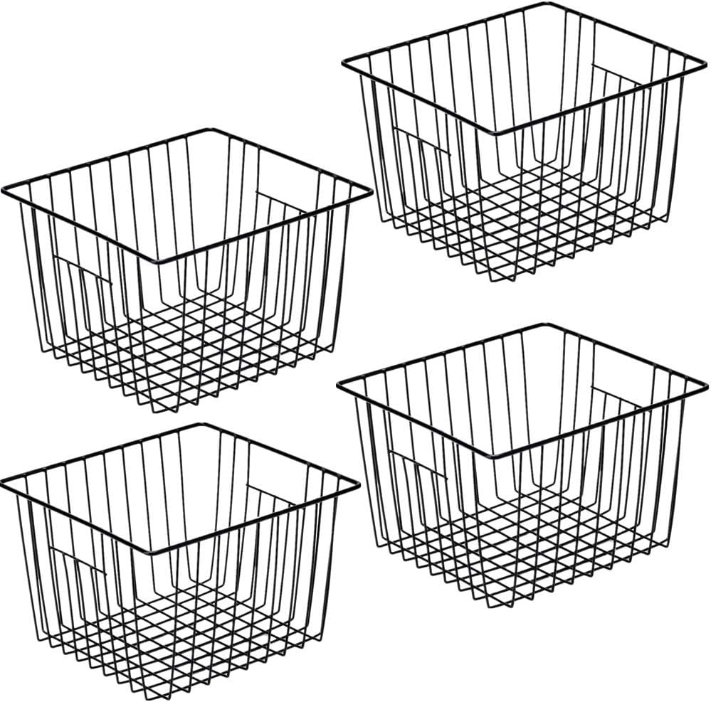 SANNO Black Closet Baskets Freezer Baskets Pantry Storage Wire Basket,Wire Basket Farmhouse Storage Organizer, Metal Household Storage Organizer Bin for Pantry Shelf Kitchen Cabinet Bathroom Black