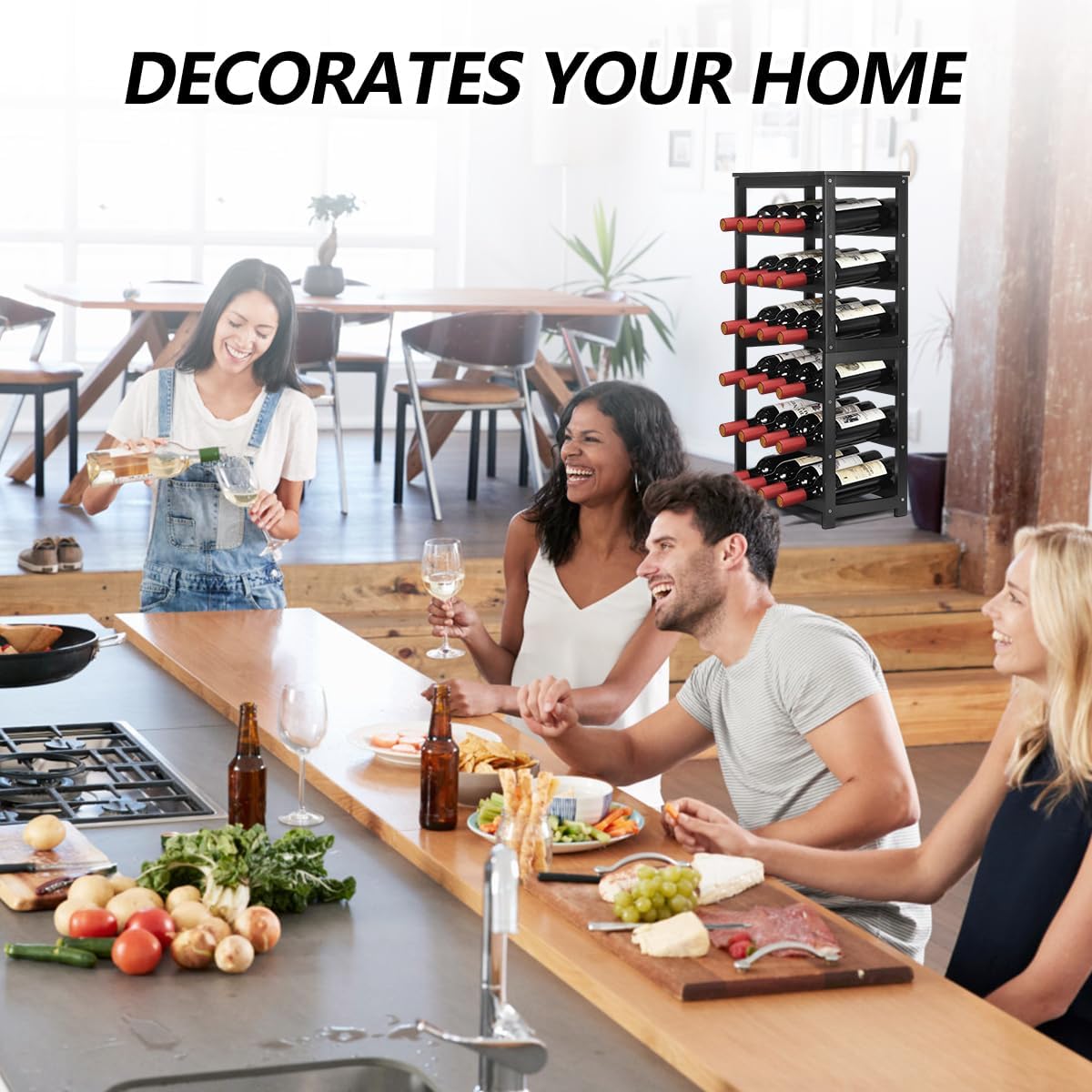 Wine Rack 24-Botttle Freestanding Floor, 6-Tier Wine Rack Shelf with Table Top, Bamboo Display Wine Storage Shelves Kitchen Bar Dining Room Living Room, Black