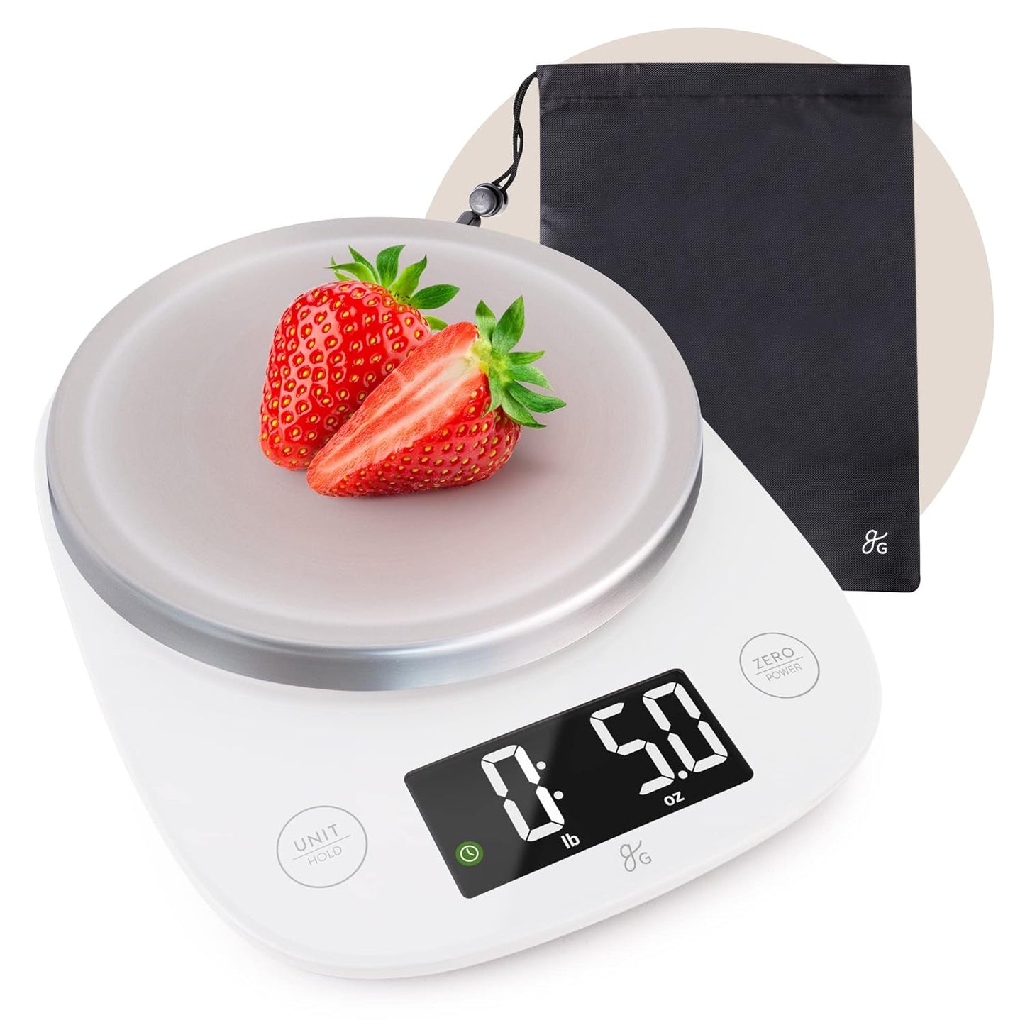 Greater Goods Digital Kitchen Scale with LCD Display, Weighs in Grams and Ounces, Batteries Included, Weighs up to 11 Pounds, White (No Bowl)