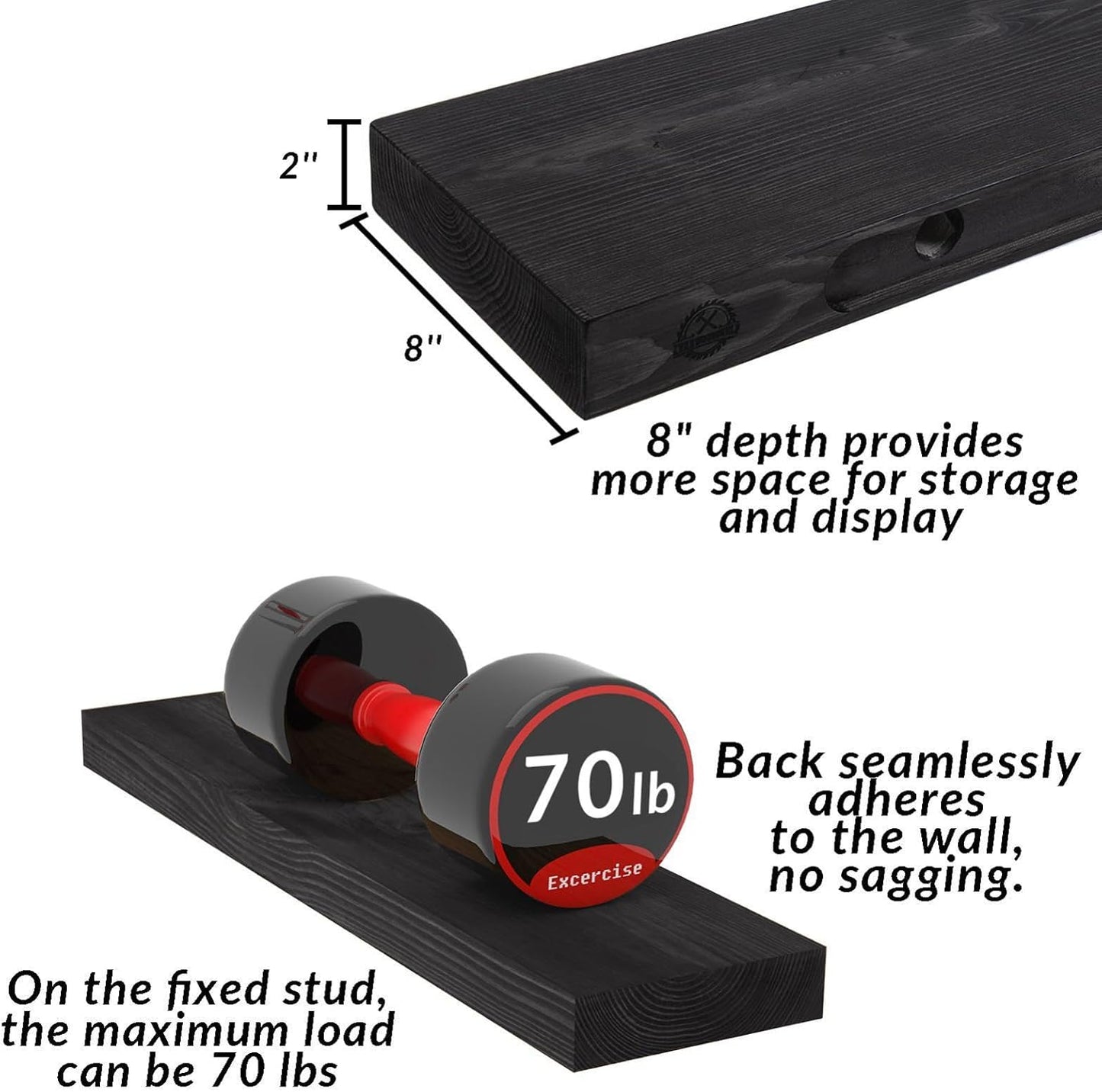 Rustic Floating Shelves 72 inch Long 8 "deep Set of 2, Heavy Duty Wood Wall Mounted Shelves for Bathroom Living Room Kitchen,Book Shelves with Thickened Hidden Bracket- Black