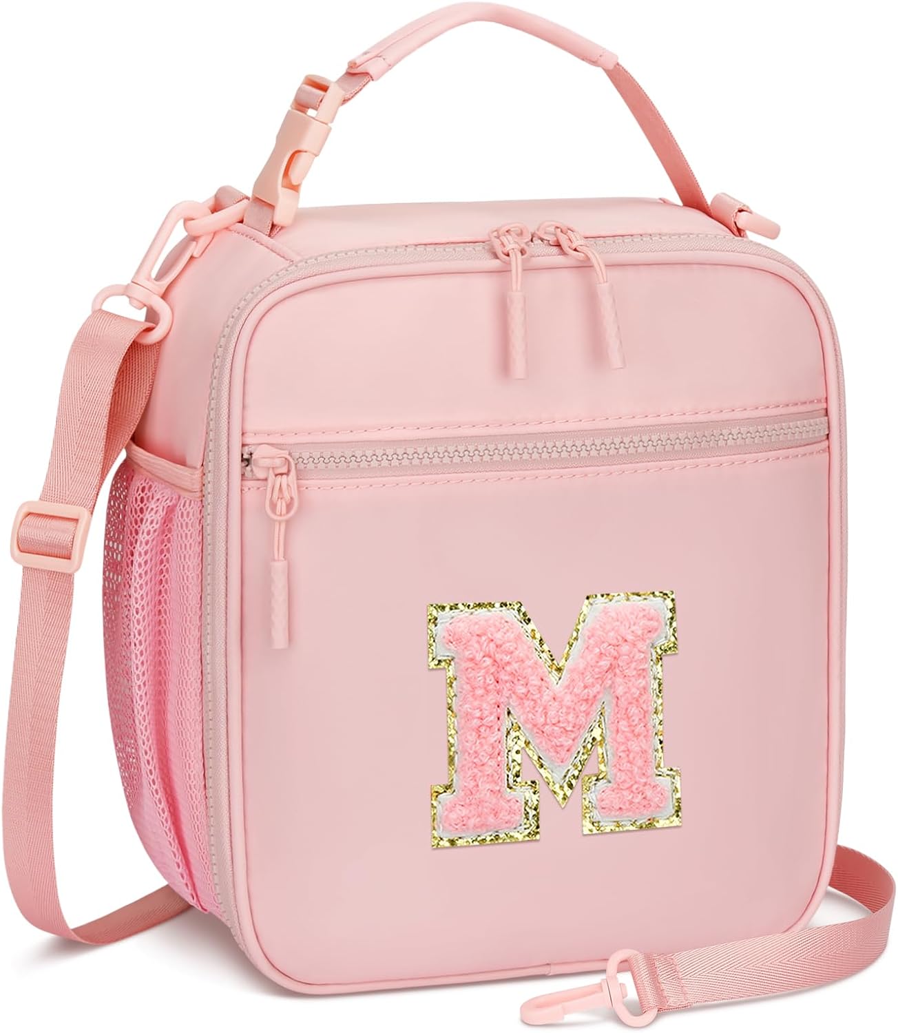 Initial Insulated Lunch Bag for Girls Kids, Back to School Gift, Reusable Leak-proof Lunch Box with Adjustable Strap for School Daycare Travel Picnic (Pink,M)