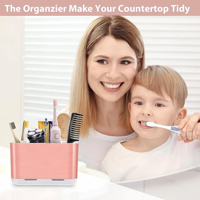 Boperzi Toothbrush Holders for Bathrooms Countertop, Electric Tooth Brush Holder with Adjustable Dividers, Detachable Anti-Slip Large Toothpaste Caddy Organizer Storage for Shower, Family, Kids, Pink