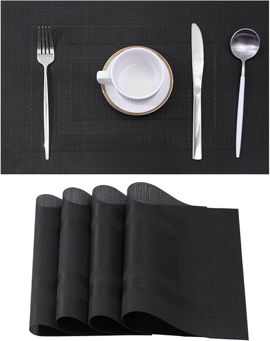 Leetaltree Black Frame Placemats Set of 4 - Heat Resistant Non-Slip Place mats for Dining Table, Washable Durable PVC Vinyl Woven Table Mats（Black Frame, 4）