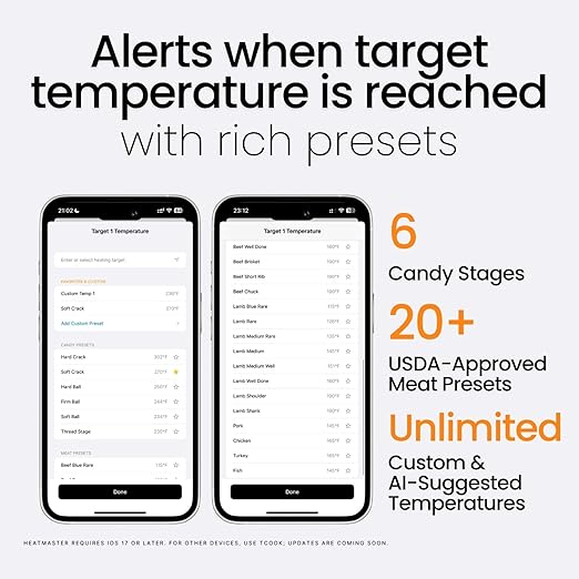 AI Bluetooth Candy & Meat Thermometer with 20+ Presets, Smart Alerts via App (Type-C Rechargeable) Digital Instant Reading for Candy Making, BBQ, Deep Frying, & Liquids, 8" Long Probe,CT180-BT