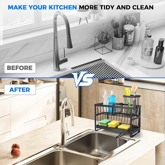 2-Tier Sponge Holder for Kitchen Sink,Self Drain Sink Caddy with Brush Holder, Countertop Accessory for Sponges, Brushes and Dish Rags,Kitchen Countertop Organizers and Storage Essentials