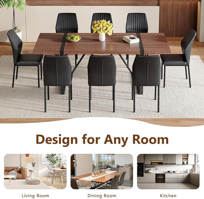 86.6" Dining Table Set for 8, Modern 9 Piece Wood Kitchen Table and Chairs Set, Rectangle Dining Room Table with 8 PU Leather Upholstered Chairs, Ideal for Home, Kitchen, or Apartment Dining