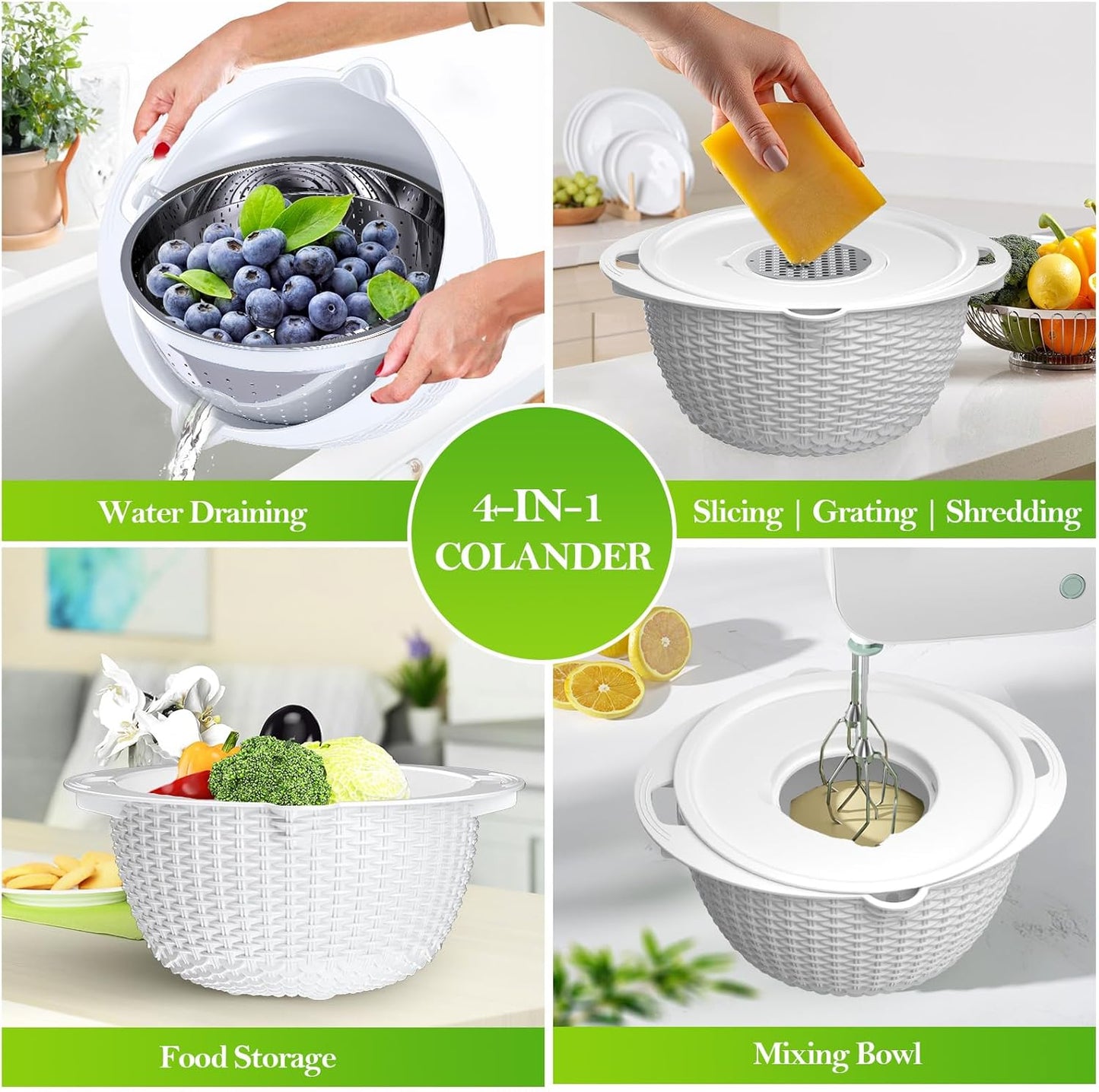 4-1 Colander with Bowl Set - Colander for Kitchen - Strainers and Colanders - Pasta Strainer - Fun Kitchen Presents - Rice Strainer Fruit Cleaner Veggie Wash Cooking Presents, White
