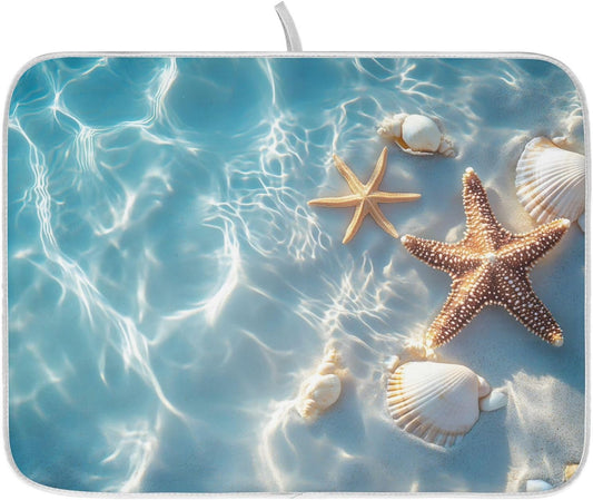 Starfish and Seashell on The Summer Beach Dish Drying Mat for Kitchen Counter Absorbent Microfiber Large Drying Pad Dish mats for Kitchen Countertops 18 x 24 Inch