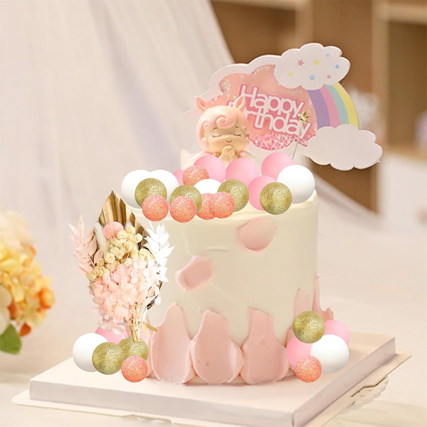 Gyufise 21 Pack Flower Boho Cake Topper Ball Cake Decorations Palm Leaves Plants Cake Decor for Girl Bohemian Princess Theme Wedding Baby Shower Birthday Party Supplies Gold Pink