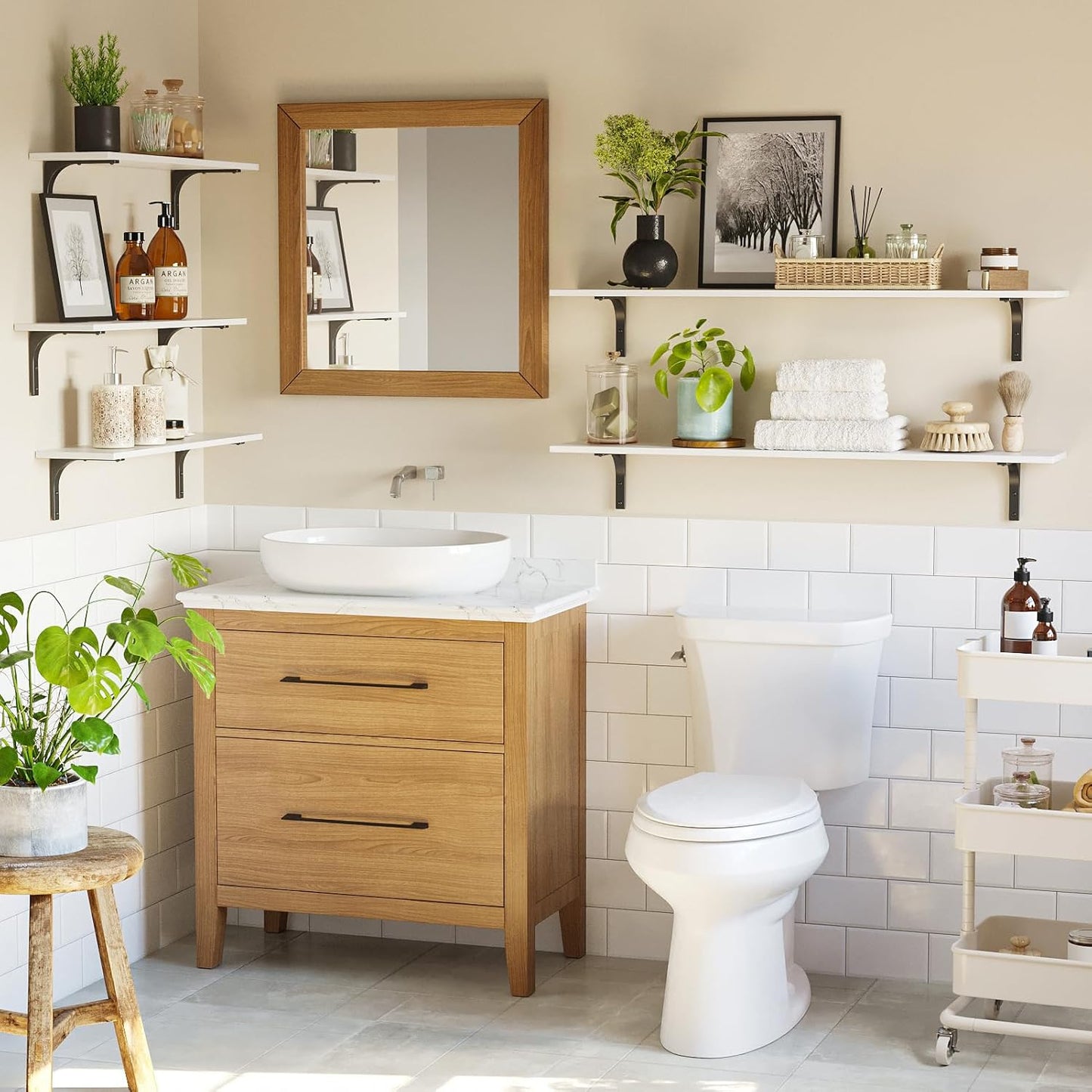 DINZI LVJ Long Wall Shelves, 23.6 Inch Wall Mounted Shelves Set of 2, Easy-to-Install, Wall Storage Ledges with Sturdy Metal Brackets for Living Room, Bathroom, Bedroom, Kitchen, White