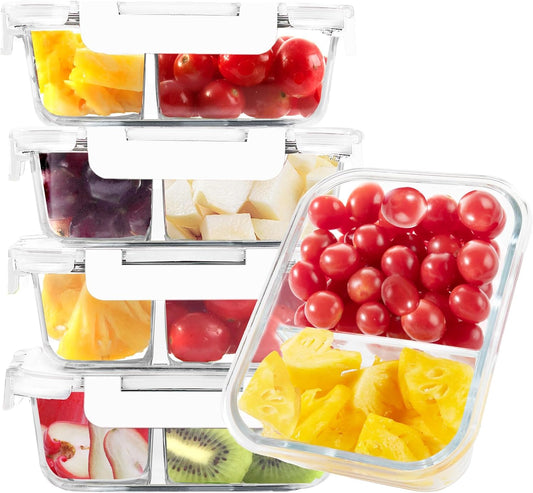 BAYZZ 5 Pack 35 Oz Glass Meal Prep Containers 2 Compartments, Glass Storage Containers with Lids, Airtight Lunch Bento Boxes, BPA-Free, Microwave and Freezer Safe,White