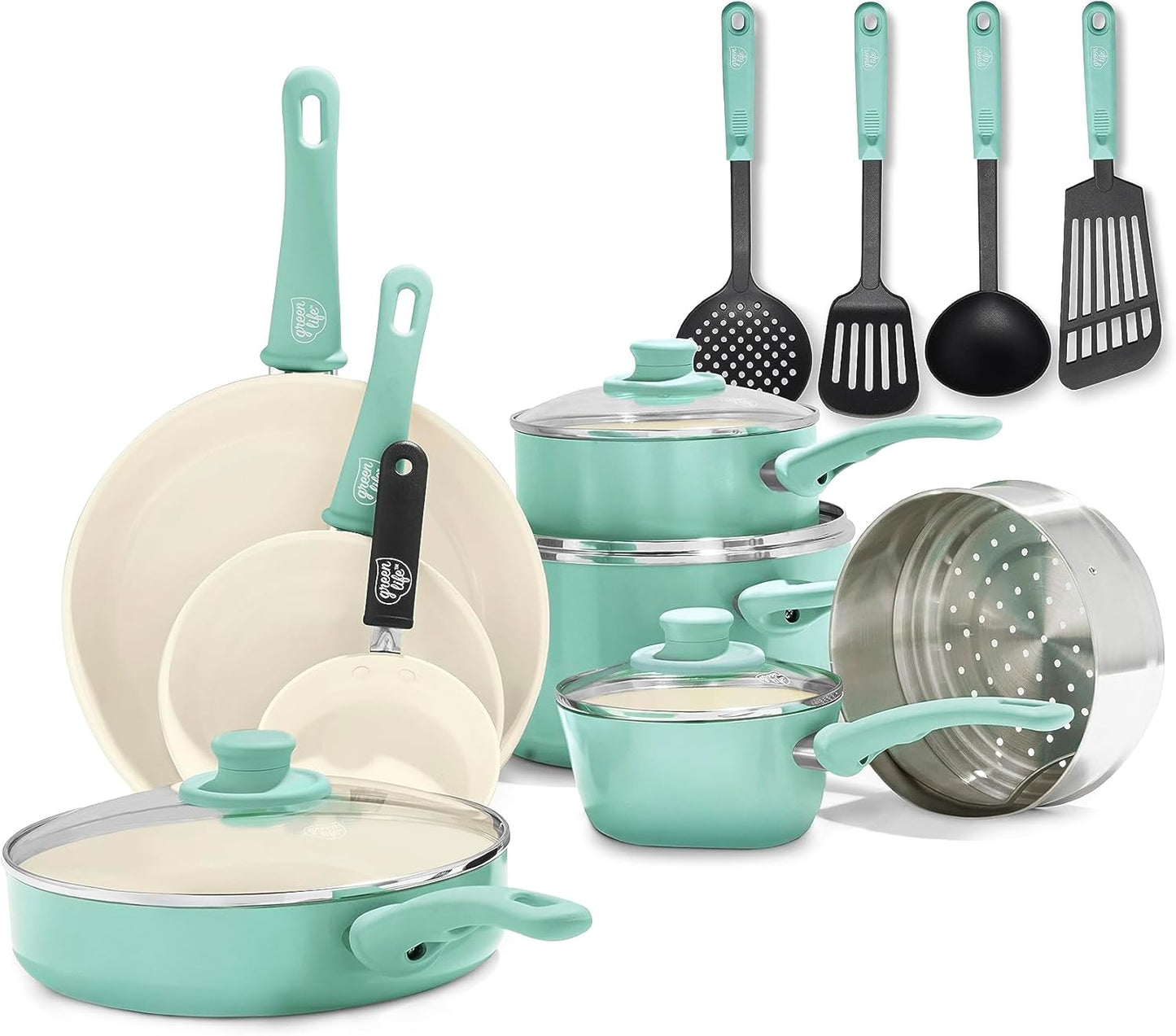 GreenLife Soft Grip 16 Piece Cookware Set, Non-Toxic PFAS-Free Ceramic Nonstick, Pots, Frying, Sauce, Saute, Glass Lids, Stay-Cool Handles, Wobble Free Bases, Dishwasher & Oven Safe, Turquoise