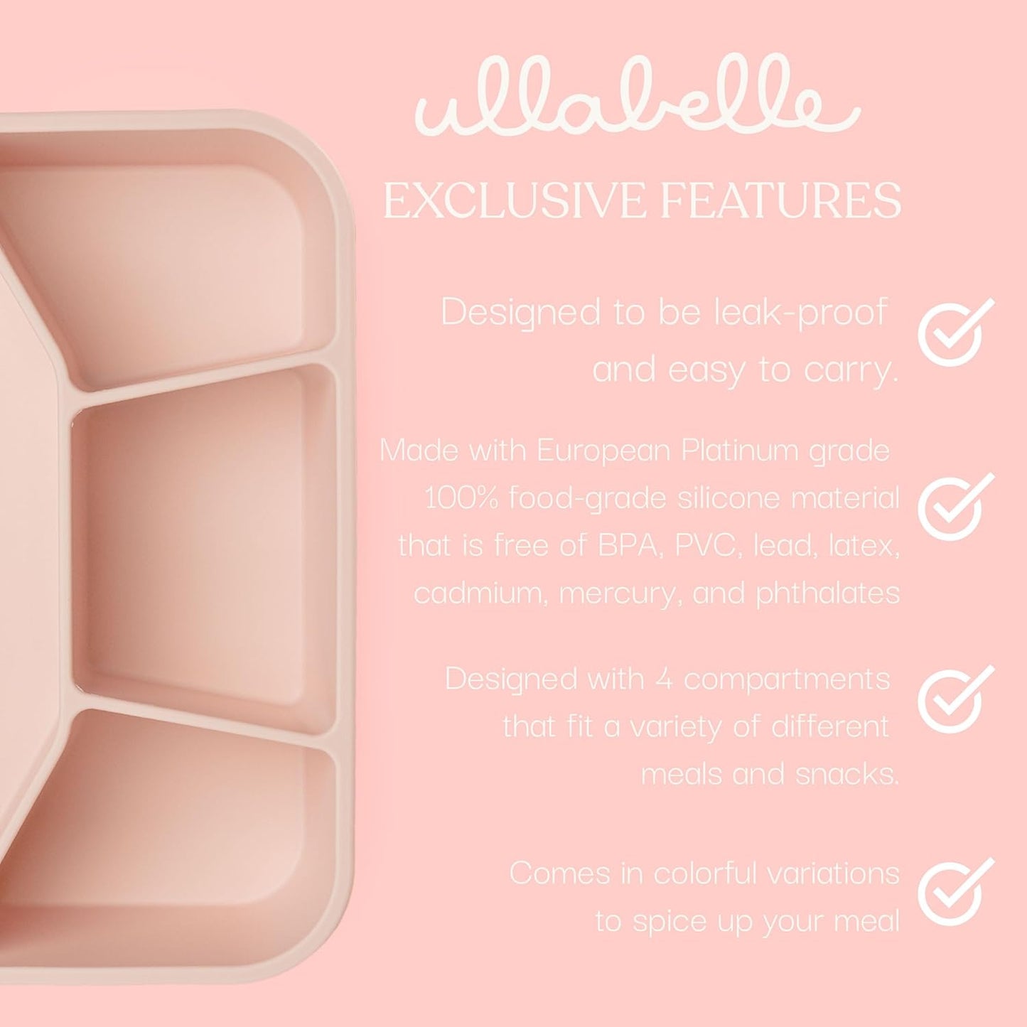 Ullabelle Leak Proof Bento Box Food-Grade Silicone Bento, BPA, Phthalate, Lead, & PVC Free - Bento Lunch Box for Daycare, Kids, & Adults - Leak Resistant Sets With Lids Snack Box Container (Beige 4)