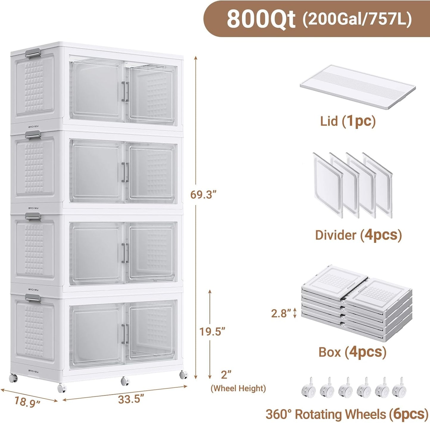69.3"H 200Gal Plastic Storage Bins with Lid & Wheels,4Pack Extra Large Stackable Storage Bins with Dividers,Closet Organizers and Storage Cabinet Shelves Collapsible Box for Home Kitchen,White