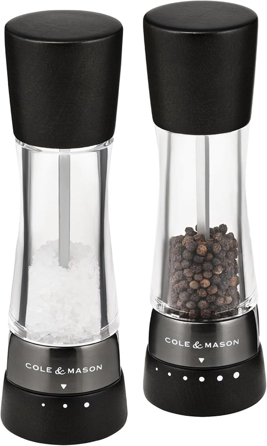 Cole & Mason H332293 Derwent Black Wood Salt and Pepper Mills, Gourmet Precision+, Adjustable Grind, Stained Beech/Acrylic, 190 mm, Gift Set, Includes 1 Salt and 1 Pepper Grinders