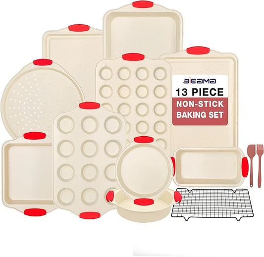 13-Piece Baking Pans Sets, Nonstick Bakeware Sets, BPA-Free Carbon Steel Stackable Bakeware Set, Cream
