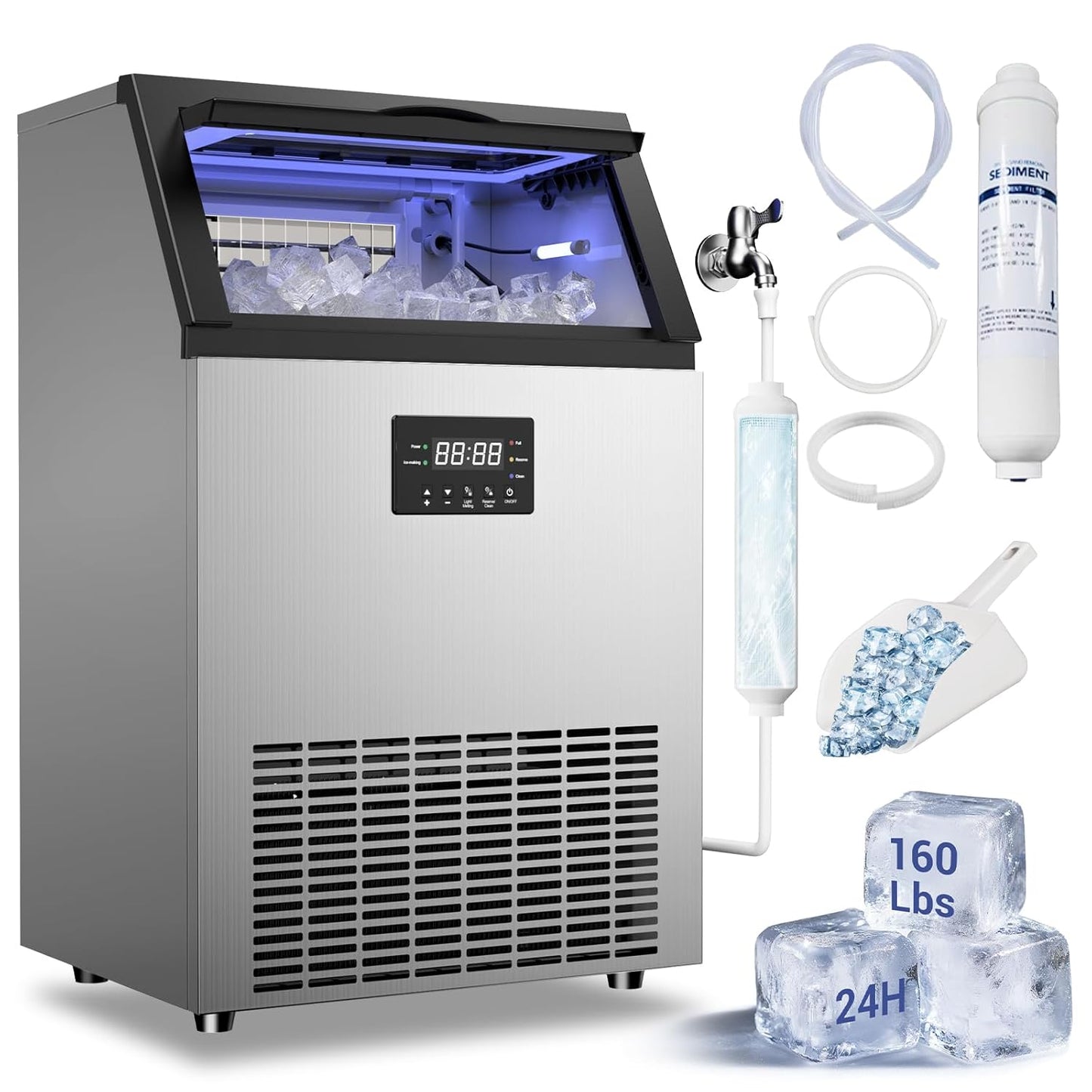 Commercial Ice Maker Machine 120LBS/24H Under Counter Ice Maker Stainless Steel Ice Ready in 8-15 min for Home Bars and Restaurants