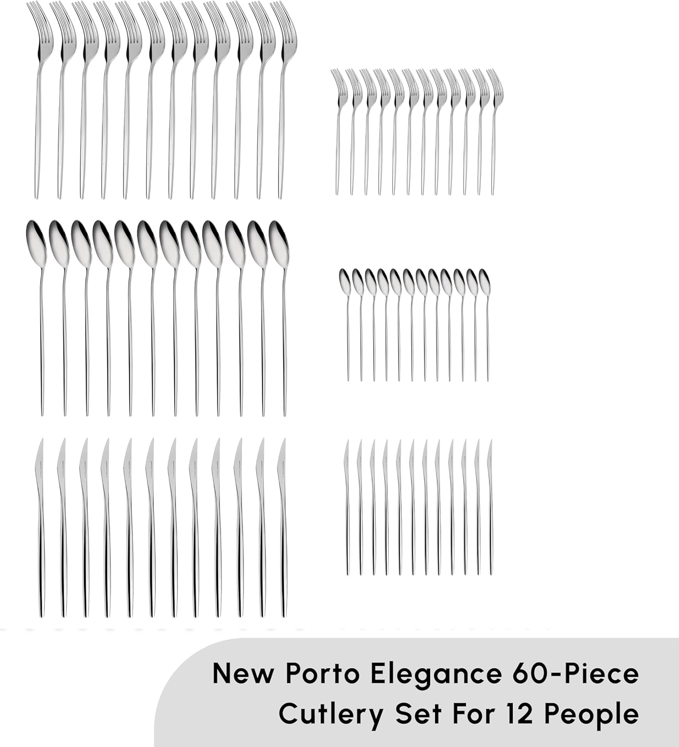Karaca New Porto Elegance 60-Piece Cutlery Set for 12 People, Tablespoons, Table Forks, Premium Quality, Healthy and Hygienic, Modern Design, Stainless Steel Cutlery Set