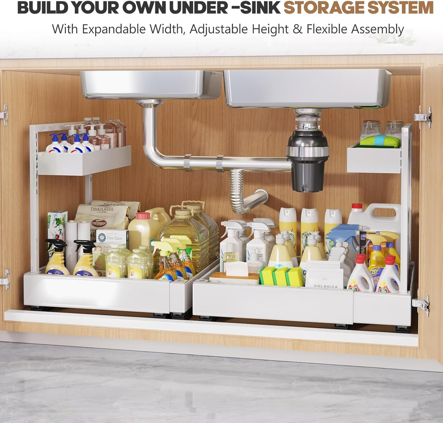 1-Pack L-Shape Expandable Under Sink Organizer with 3 Ball-Bearing Slide Rails,2-Tier Pull-Out Under Cabinet Storage Shelf for Kitchen & Bathroom,Height-Adjustable Slide-Out Cabinet Drawer-White